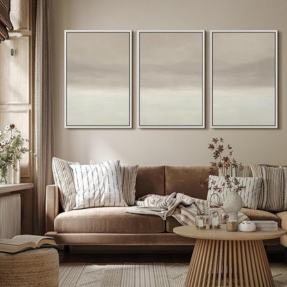 MUDECOR Framed Wall Art Print Set Misty Horizon Minimalist Foggy Mountain Landscape in Soft Neutral Tones Illustrations Realism Decorative for Living Room, Bedroom, Office - 24"x36"x3 White