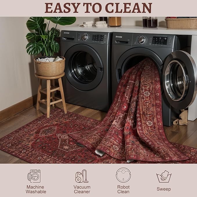 Tangsoo 3x5 Washable Rugs Oriental Area Rug, Vintage Non Slip Indoor Accent Rug, Print Distressed Dark Red Carpet, Soft Low Pile Rug for Living Room Dining Bedroom Bedside Entryway
