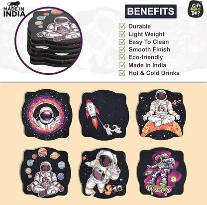 GKD Wooden Coasters for Drinks, MDF Coaster Set of 6 with Holder, Astronaut Theme, 3.5 inches Eco-Friendly Square Absorbent Coaster for Coffee Table, Bar, Drinking Glasses, Tabletop Protection