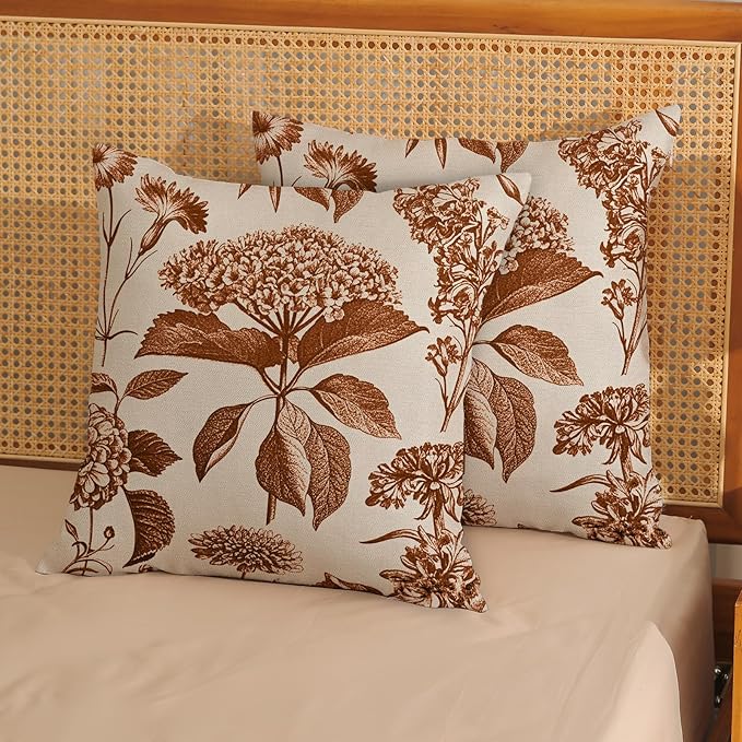 Orange Pillow Covers 18x18 Set of 2 Vintage Boho Floral Hydrangea Herbs Botanical Fall Throw Pillows Fall Outdoor Decoration Pillowcase Linen Farmhouse Cushion Case Decorative for Couch Sofa