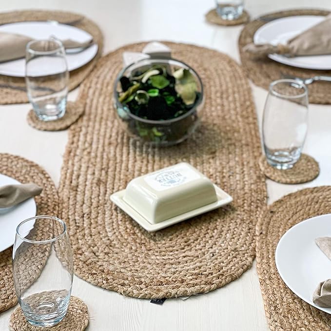 Chardin home Jute Braided Oval Table Runner | Boho Table Runner | Artisanal Center Piece for Table, Chests, Counter Tops and More | Handmade Natural Jute 13"x48"