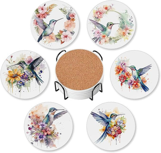 Drink Coasters for Drinks Set of 6,Watercolor Hummingbird Absorbent Round Ceramic Stone Mat Coaster,with Cork Base and Metal Holder,Home Bar Decor House Warming Gift