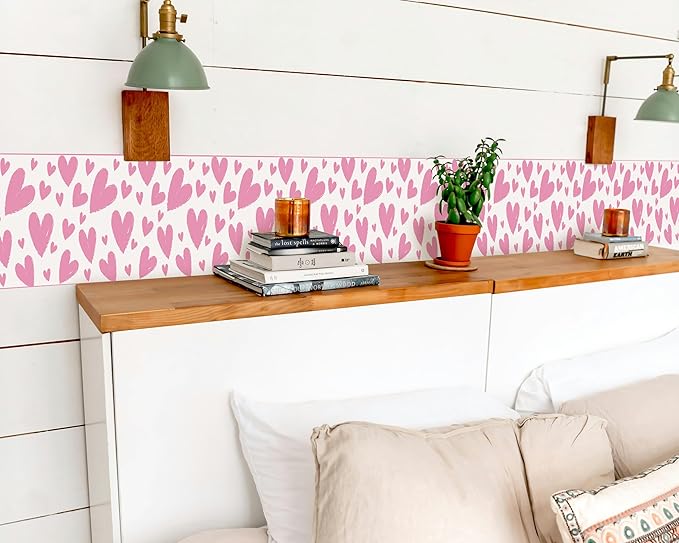 FLFK Pink Heart Wallpaper Border - Peel and Stick Wall Paper, Self Adhesive Removable PVC Borders Sticker, Modern Waterproof Trim for Home Decor, 10" x 240"