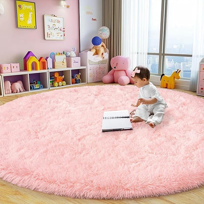 Round Fluffy Rugs 4Ft for Girls Bedroom, Pink Shag Circle Kids Rug Non-Slip for Bedside Dorm Nursery Playroom, Soft Cute Area Rugs for Living Room Decor