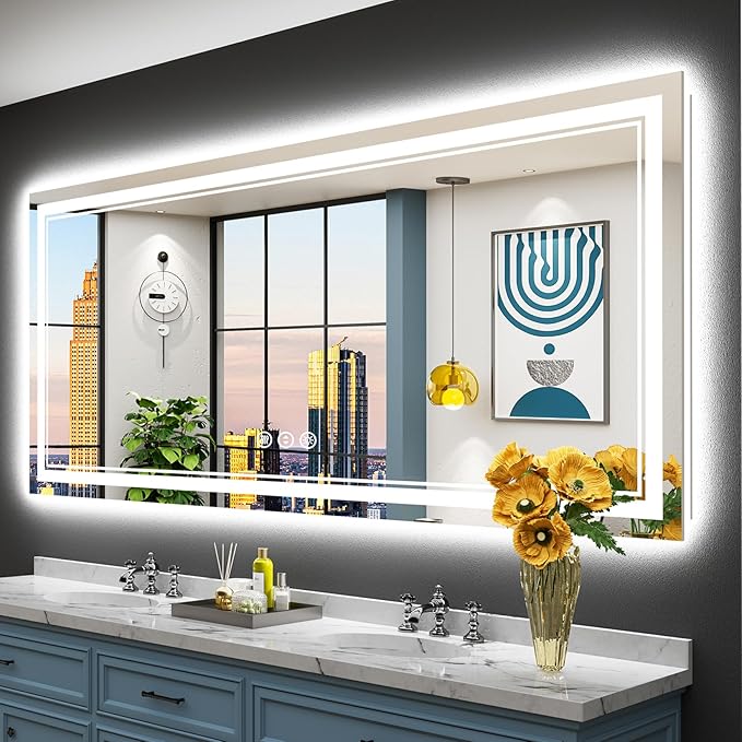72x32 Inch LED Bathroom Mirror with Lights, Backlit & Front Lit, Anti-Fog Lighted Vanity Mirrors for Bathroom Wall, Dimmable, 3 Color Temperatures, Memory, Shatter-Proof, HD Tempered Glass