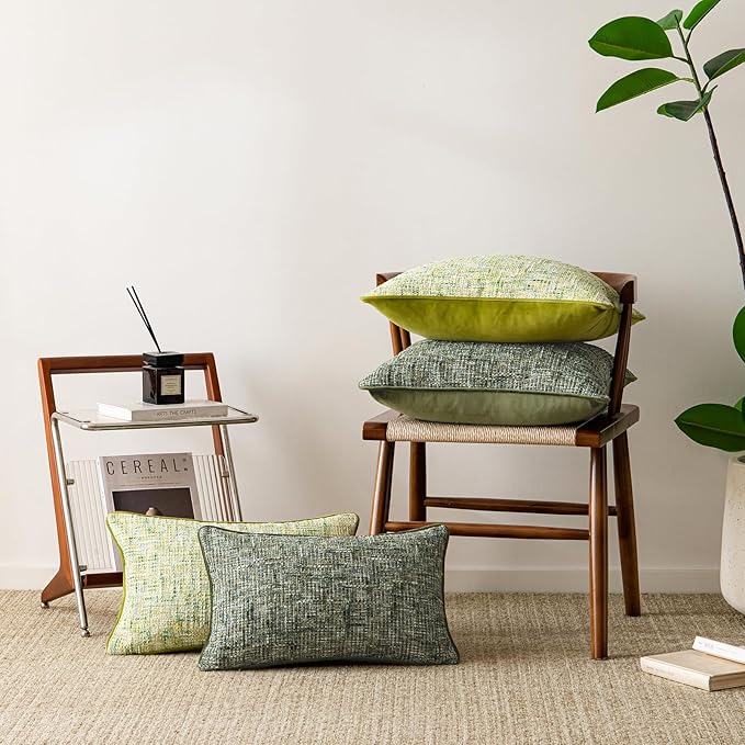 a moment Green Reversible Pillow Covers 2 Pack - Farmhouse Chenille Throw Pillows, Neutral Textured Decorative Throw Pillow Covers with Border for Couch Sofa Bed (20x20 Inch, No Insert)