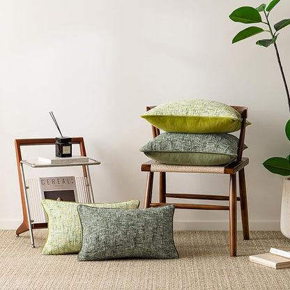 a moment Green Reversible Pillow Covers 2 Pack - Farmhouse Chenille Throw Pillows, Neutral Textured Decorative Throw Pillow Covers with Border for Couch Sofa Bed (18x18 Inch, No Insert)