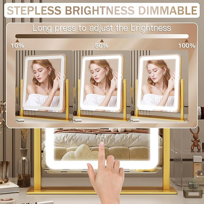 ROLOVE Gold Vanity Mirror with Lights, 15"x13" Lighted Makeup Mirror with Smart Touch, 3-Color Dimmable Lighting, 360° Rotation, Tabletop Mirror for Desk or Bedroom