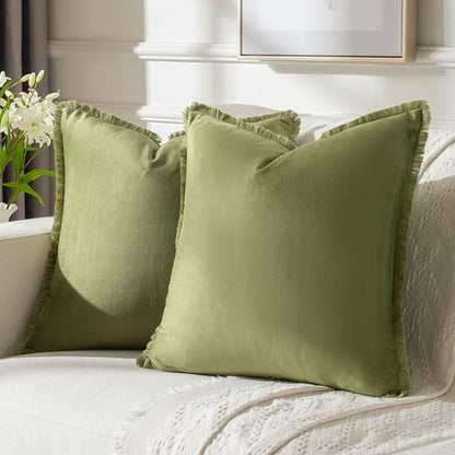 FUTEI Sage Green Velvet Decorative Throw Pillow Covers 24x24 Set of 2,Soft Cozy Edge with Tassels European Cushion Case,Boho Modern Home Decor for Couch Bed Living Room