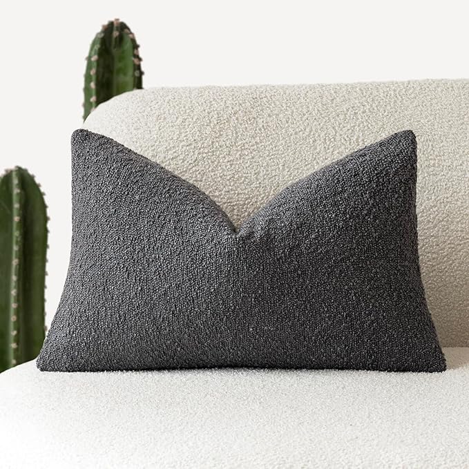 Foindtower Textured Boucle Throw Pillow Covers Accent Solid Lumbar Pillow Cases Cozy Soft Decorative Couch Cushion Case for Chair Sofa Bedroom Living Room Home Decor, 12 x 20 Inch,Dark Grey
