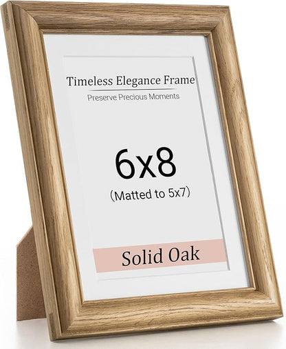 Heimlove 6x8 Picture Frame,6 x 8 Solid White Oak Photo Frame with Tempered Glass,6"x8" Handcrafted Wood Frame Matted to 5x7 Photos for Wall or Tabletop Family picture Display,1 Pack