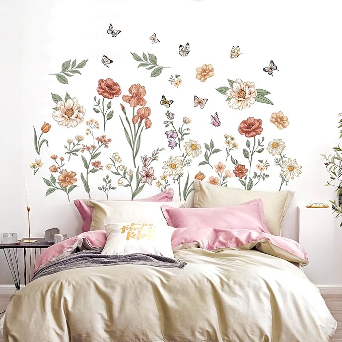 Watercolor Boho Flowers Wall Decals Wildflower Butterfly Garden Wall Stickers Removable Wall Art Decor for Living Room Bedroom