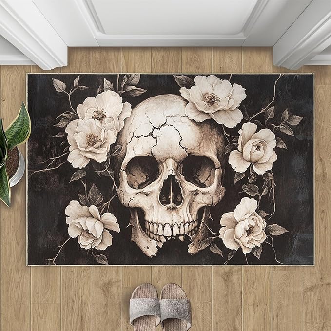 Skull Washable Rugs 4x5 Rug for Living Room, Floral 4x5 Rug Gothic Low-Pile Carpet for Bedroom Dining Non Slip Mat with Rubber Back