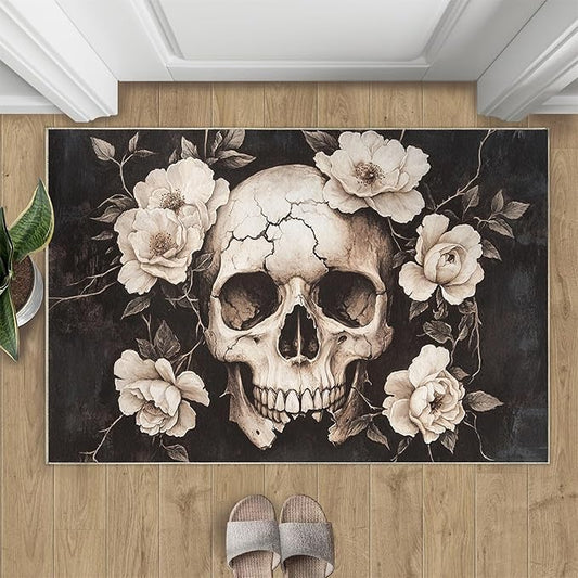 Skull Washable Rugs 4x5 Rug for Living Room, Floral 4x5 Rug Gothic Low-Pile Carpet for Bedroom Dining Non Slip Mat with Rubber Back