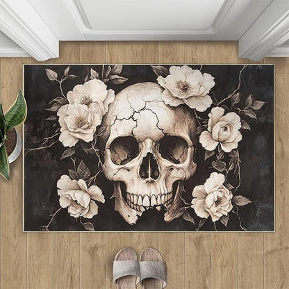 Skull Washable Rugs 5x6 Rug for Living Room, Floral 5x6 Rug Gothic Low-Pile Carpet for Bedroom Dining Non Slip Mat with Rubber Back