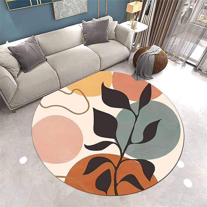 Mid-Century Round Area Rug, 3ft, Leafy Plant Simple Rug, Soft Non-Slip Machine Washable Round Rug, Bohemian Round Bath Mat, Suitable for Living Room Bedroom Bedside Bathroom Entrance