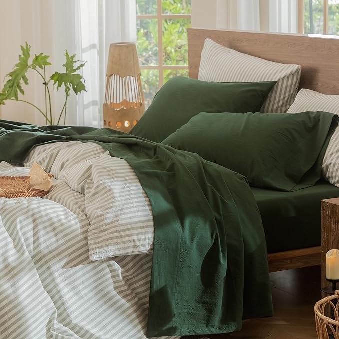 MooMee Bedding Sheet Set 100% Washed Cotton Linen Like Textured Breathable Durable Soft Comfy (Solid Forest Green, Queen)