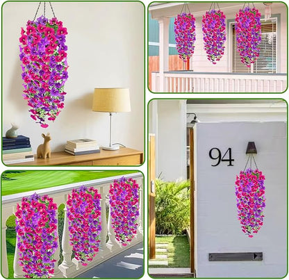 Artificial Fake Hanging Flowers Plants for Outdoor Fall Decoration, 4PCS UV Resistant Look Real Trailing Vines for Outside Home Planter Porch Patio Mums Autumn Decor (Purple&Pink Rose)