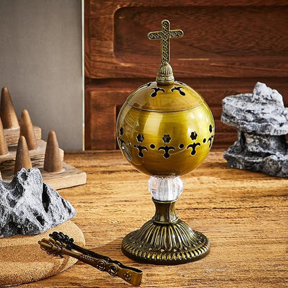Zonon Catholic Incense Burner with Tong Charcoal Polished Metal Brass Censer Holder Christian Church Censer Burner Holder Cones Cross 7. 9" Aromatherapy Fragrance Ornament(Bronze)