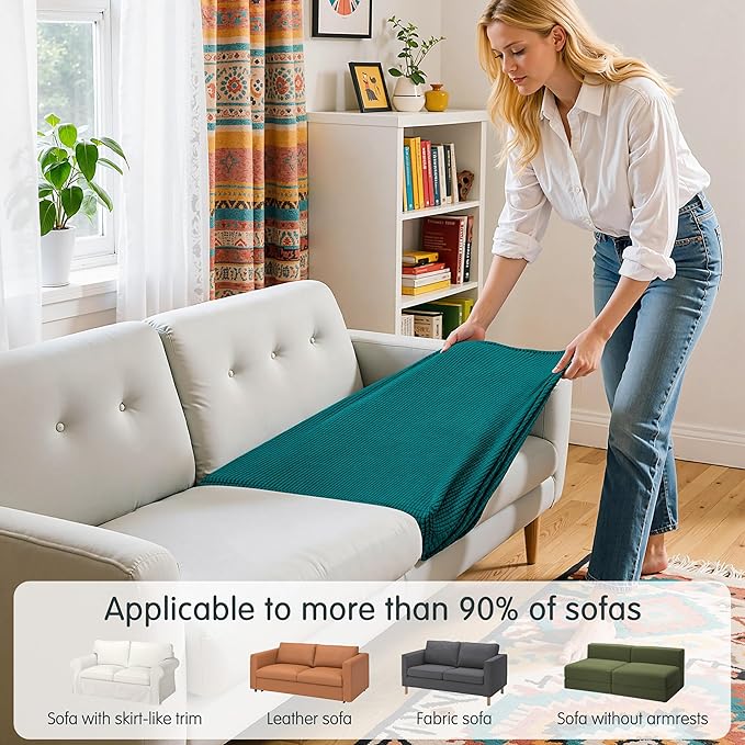 Hokway Stretch Couch Cushion Covers, 2 Piece Individual Sofa Cushion Slipcovers，Jacquard Sofa Seat Slipcover Set, Non-Slip Protector for Cushion (Teal,Small-2PC)