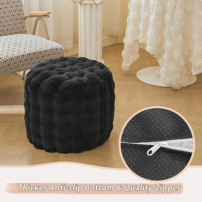 LIFEREVO Luxury Faux Rabbit Fur Round Inflatable Pouf Ottoman, 20 X 16 Fluffy Waffle Bubble Floor Poufs Foot Stool Rest Living Room Bedroom, Furry Pouf Ottoman Chair Seat Home Decor, Anti-Slip, Black