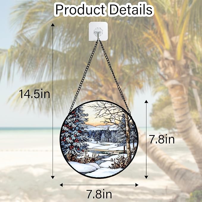 Stained Glass Window Hanging, Winter Snow Landscape Suncatcher Diamond Glass Panel Sun Catchers Decor for Birthday for Women, Men, Wife, Aunt, and Mom 7.8 in