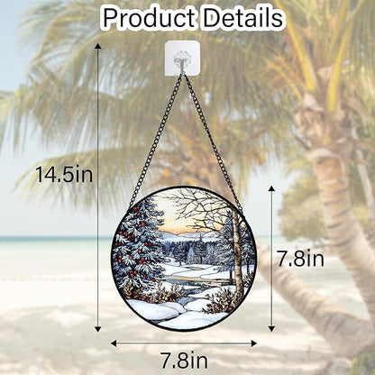 Stained Glass Window Hanging, Winter Snow Landscape Suncatcher Diamond Glass Panel Sun Catchers Decor for Birthday for Women, Men, Wife, Aunt, and Mom 7.8 in