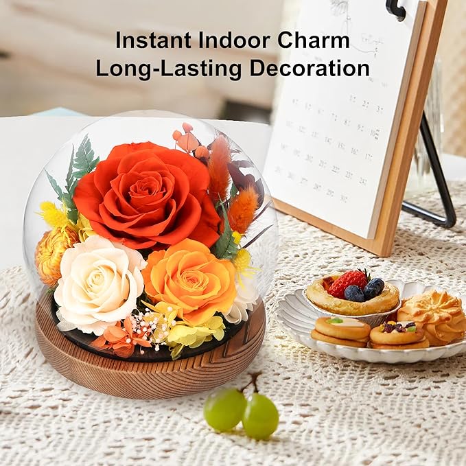 Preserved Flowers In Glass Dome, Eternal Flowers, Forever Flower, Birthday Gifts for Women, Gifts for Mom Girlfriend Her Friendship, Home Decor Bedroom Living Room (Terracotta)