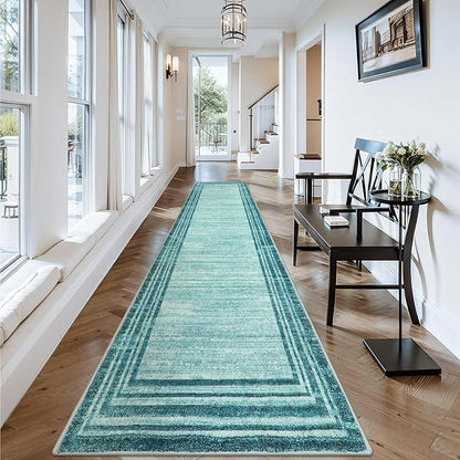 Lahome Abstract Runner Rug,Teal 2.5x12 Hallway Runners Rug Washable Non-Slip Long Kitchen Rugs Runner,Low-Pile Soft Runner Rugs for Hallway 12 ft Minimalist Solid Indoor Carpet Runner for Entryway