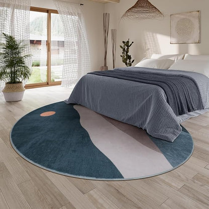 Abstract Round Rugs for Living Room, Circlr Area Rug for Bedroom 8ft Non Slip Washable Dining Room Rug, Mountain Soft Circular Carpet for Nursery Classroom Playroom(Blue)