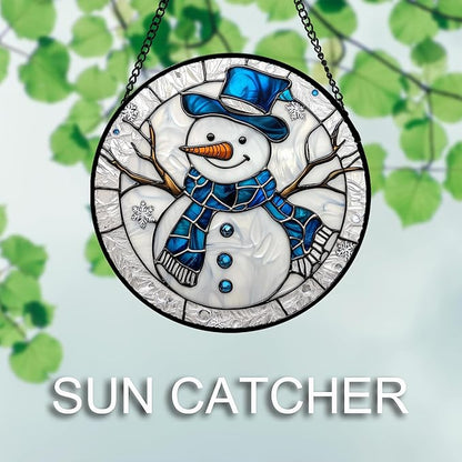 Stained Glass Window Hanging Christmas Snowman Blue White Large 15" - Suncatcher Door Garden Sun Catcher Home Decor Birthday Mother's Day Xmas Gift for Mom Men Woman Her Nana Parents Girl