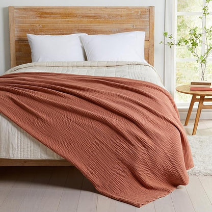 100% Cotton Muslin King Size Blanket | Soft, Breathable, and Lightweight Bed Blanket for All-Season | Perfect for Layering | Maria Collection (King, Rust)