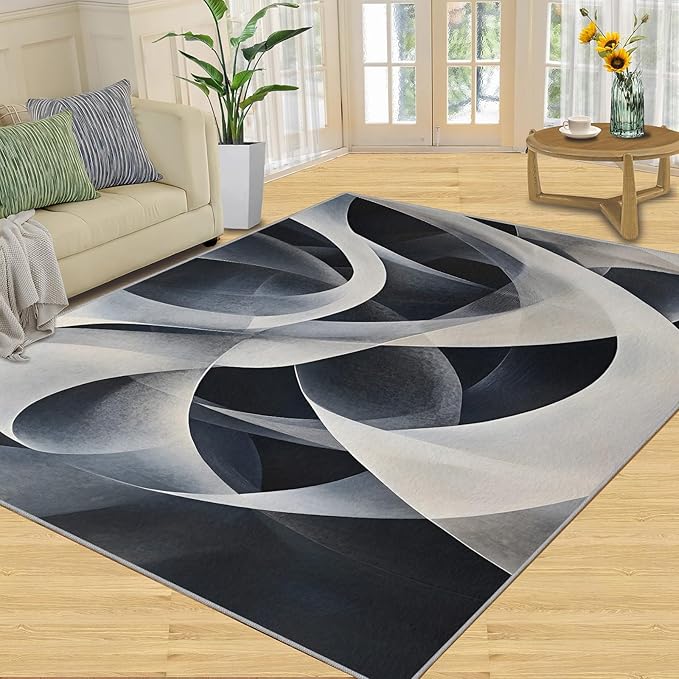 Abstract Lines Area Rug 5x6 Washable Rug Geometric Stripes Rugs for Living Room Minimalism Non Slip Carpet Floral Print Mat Bedroom Bathroom