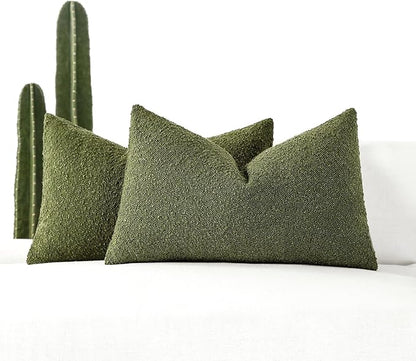 Boucle Decorative Lumbar Pillow Covers for Couch Set of 2, 12x20 inches, Olive