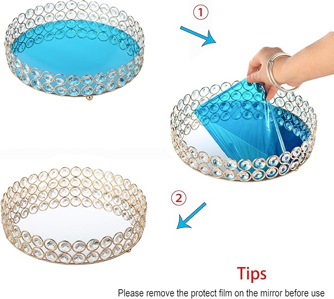 Feyarl Crystal Perfume Tray Makeup Cosmetic Vanity Organizer Jewelry Trinket Display Storage Mirrored Decorative Tray Skin Care Tray for Dresser Home Deco Birthday Gift(Round 10" inch) (Gold)