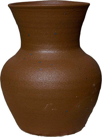 6.3IN Rustic Wide Mouth Ceramic Flower Vase Home Decor,Handmade Vintage Stoneware Clay Pottery Terracotta Textured for Modern Farmhouse, Living Room, Office Desk Table Shelf(Dark Brown)