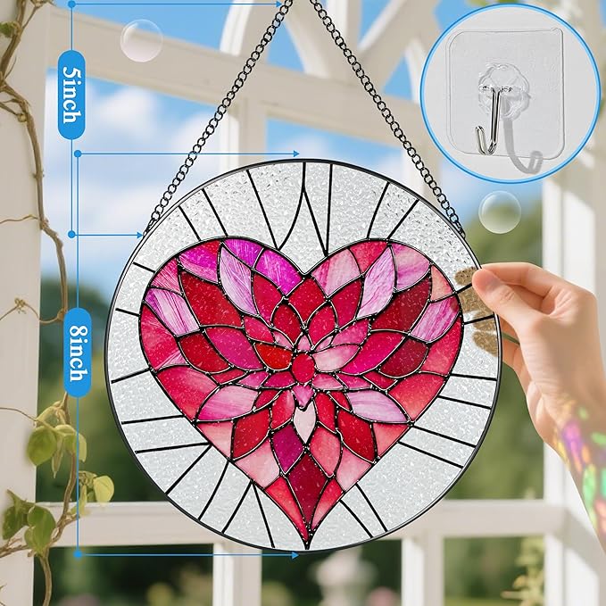 Stained Glass Window Hanging - 8 Inch Valentine Sun Catcher, Suncatcher Window Decor | Anniversary, Birthday, Christmas, Mother's Day, Valentine’s Day Gifts for Couple, Lover, Mom, Wife, Girlfriend