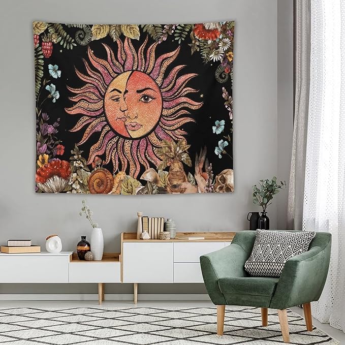 Vintage Sun Tapestry,Boho Hippie Mushroom Plant Botanical Sun and Moon Art Tapestries Wall Hanging for Dorm Living Room Bedroom Decor(50"x60")