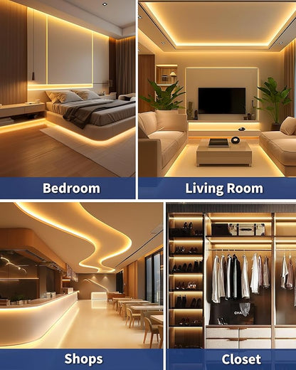 GOOVER COB LED Strip Lights 16.4ft, 3000K Warm White DC 12V Dimmable Tape Light, Ra 95+,150+LM/FT, 98 LEDs/ft, 2.2W/ft, 1600 LEDs, UL Listed for Cabinets,Bedroom(Power Supply Sold Separately)