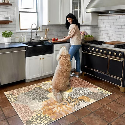 DEXDE Area Rugs for Living Room 4x6.5, Washable Non Slip Boho Rugs Throw Carpet for Bedroom Bedside Dorm Dining Room Indoor Soft Floral Home Decor, Camel