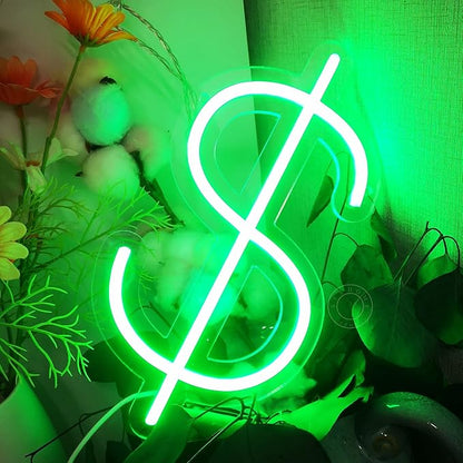 SYLHOME Dollar $ LED Neon Light Sign Money Home Bedroom Game Room Business Pub Store Bar Shop Office Wall Decor Sign Birthday Decor 5V USB Green 11.81" X 6.3"