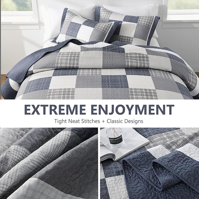 100% Cotton Quilts King Size, King Quilt Bedding Set Bedspread, Patchwork Plaid Quilt for King Bed, 3 Pieces Farmhouse Reversible Lightweight Comforter Bed Spread, Blue/Beige/White