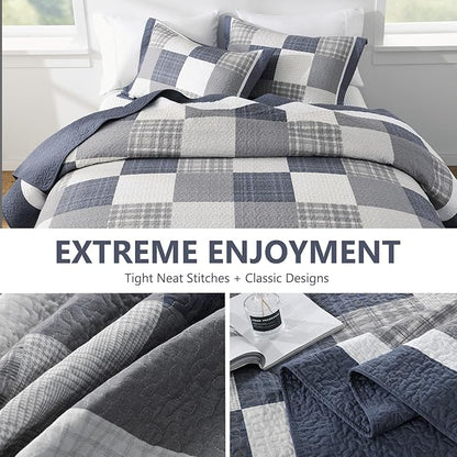 100% Cotton Quilts King Size, King Quilt Bedding Set Bedspread, Patchwork Plaid Quilt for King Bed, 3 Pieces Farmhouse Reversible Lightweight Comforter Bed Spread, Blue/Beige/White