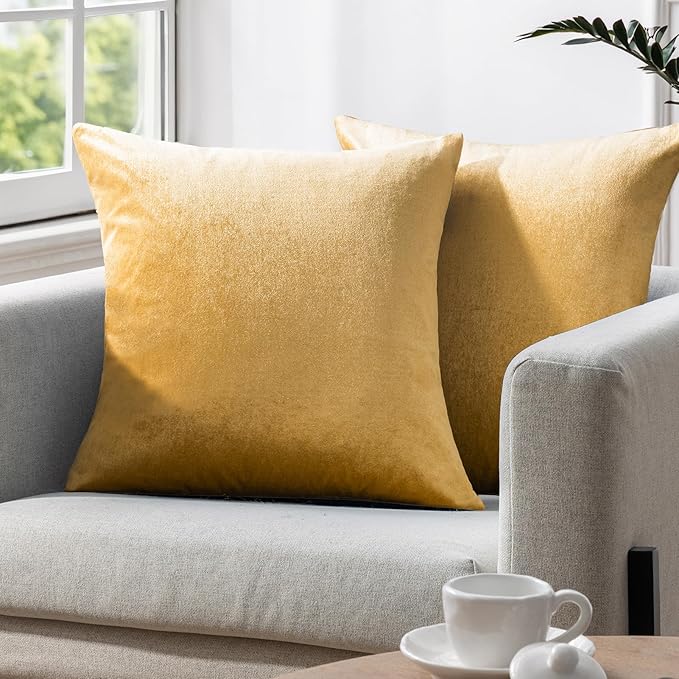 Phantoscope Pack of 2 Velvet Decorative Throw Pillow Covers Soft Solid Square Cushion Case for Couch Shiny Gold 18 x 18 inches 45 x 45 cm