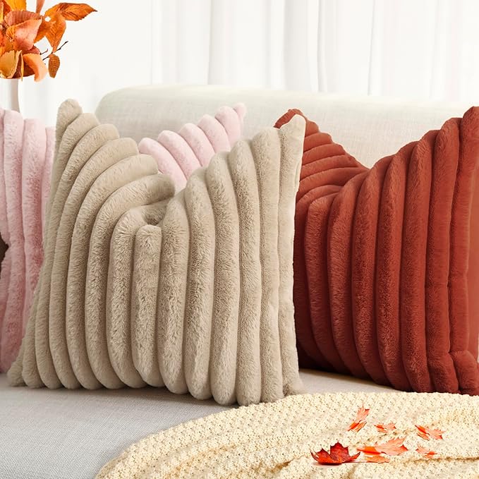 decorUhome Faux Fur Spring Throw Pillow Covers 18x18 Set of 2, Decorative Soft Plush Striped Neutral Couch Pillow Covers with Velvet Back for Sofa, Bed, Living Room Home, Rust