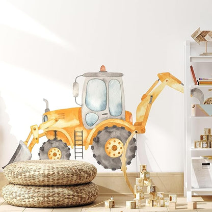 Construction Tractor Backhoe Loader Wall Decal for Boys Room, Construction Eqipment Peel Stick Removable Fabric Wall Sticker, Nursery or Playroom Decor, Repositionable (18 inch: 10" Tall x 18" Wide)