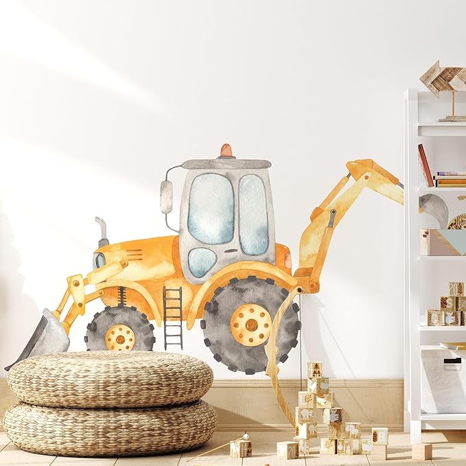 Construction Tractor Backhoe Loader Wall Decal for Boys Room, Construction Eqipment Peel Stick Removable Fabric Wall Sticker, Nursery or Playroom Decor, Repositionable (30 inch: 16" Tall x 30" Wide)