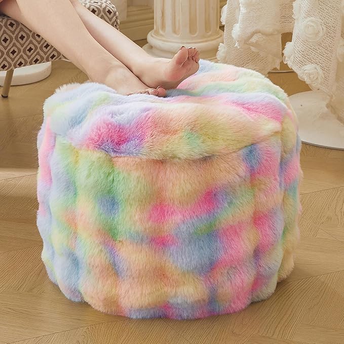 LIFEREVO Faux Rabbit Fur Round Inflatable Pouf Ottoman, 20" X 16" Waffle Bubble Floor Poufs Foot Stool Rest Anti-Slip Living Room Bedroom, Tie Dye Furry Foldable Ottoman Seat Home Decor, Rainbow