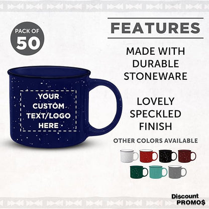 DISCOUNT PROMOS Custom Ceramic Campfire Coffee Mugs 13 oz. Set of 50, Personalized Bulk Pack - Perfect for Tea, Espresso, Cappuccino, Hot Cocoa - Blue