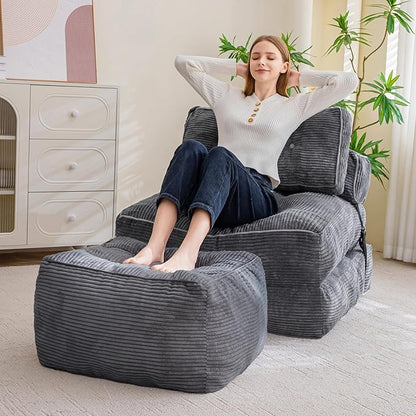 HIGOGOGO Square Stuffed Pouf Ottoman, Corduroy Poufs with Foam Chunk Filling, Furry and Fluffy Pouf Foot Stool Storage Ottoman, 25.6 X 25.6 Floor Poufs Foot Rest for Living Room, Dark Grey